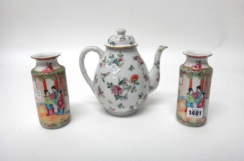 A group of Chinese famille-rose porcelain, Qianlong and later, comprising;  a pair of small Canton cylindrical vases painted with panels of figures, b