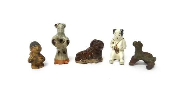 A group of five Asian small ceramic figures and animals, various dates, comprising; a Thai celadon glazed figure of a standing dog; a brown glazed rec