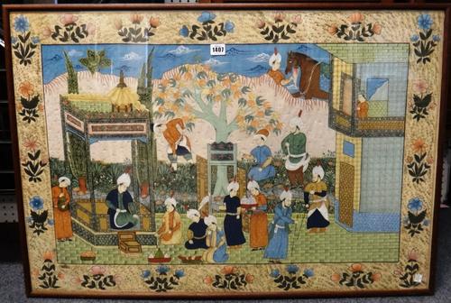 A large Persian gouache painting, late 19th/20th century, painted with a court scene with nobles and attendants, the border painted with spaced flower