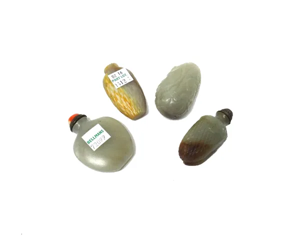 Four Chinese jade snuff bottles, late 19th/20th century, comprising; one of pebble form carved with leafy branches; one of plain shield shape; one wit
