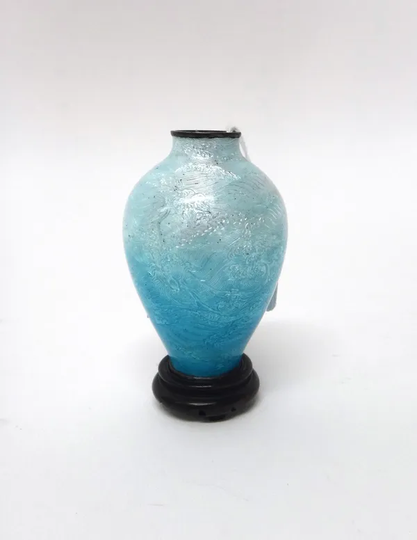 A small Japanese blue ground gin bari enamel vase, Meiji period, of baluster form, worked with a dragon amongst breaking waves, signed, 7.5cm. high, w
