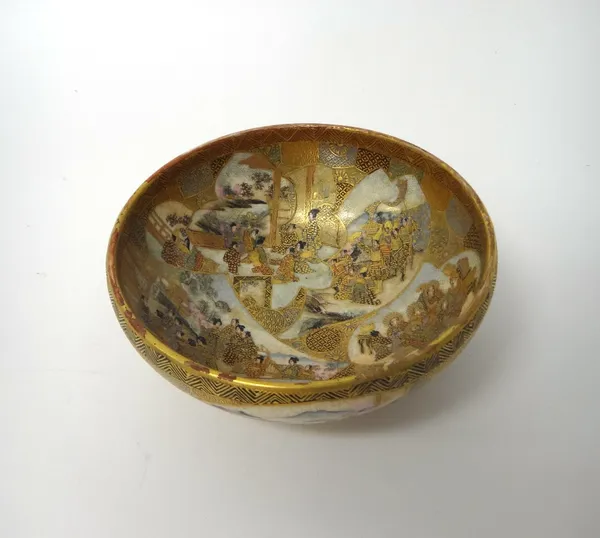 A Japanese Satsuma bowl, Meiji period, painted on the interior and exterior with figurative panels against a brocaded ground, signed, 15.5cm.diameter.