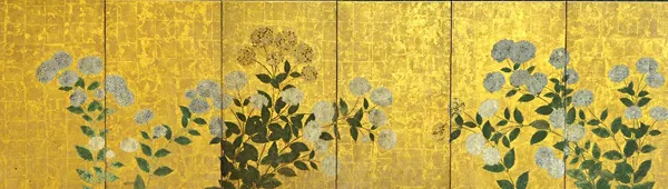 A small Japanese six-fold screen, Edo period, 18th century, painted in ink and colour with hydrangea on a gold leaf ground, 327cm. by 103cm.  Illustra
