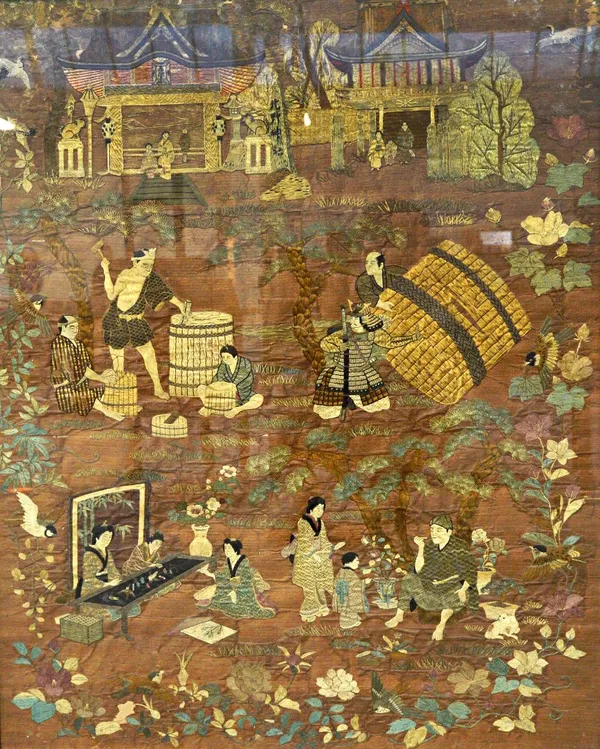 A pair of large Japanese embroidered panels, late 19th/20th century, each worked with figures in a landscape, 98cm. by 86cm., framed and glazed.  Illu