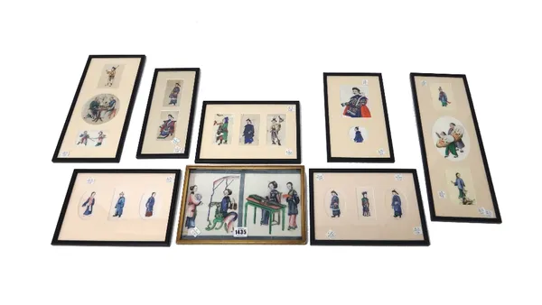 A group of twenty one Chinese rice paper paintings, 19th century, mounted in two's and three's, painted with figure subjects, largest 15cm. by 14cm.,