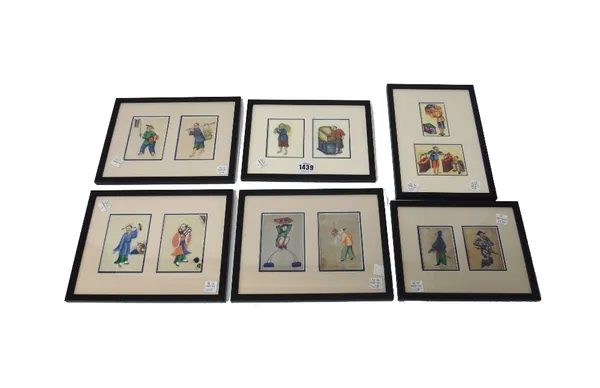 A group of twelve small Chinese rice paper paintings, 19th century, mounted in two's, painted with figure subjects, each painting approx. 8cm. by 6.5c