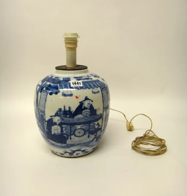 A Chinese blue and white oviform vase, circa 1900, painted with a seated official and attendants, 27cm. high, adapted as a lamp.