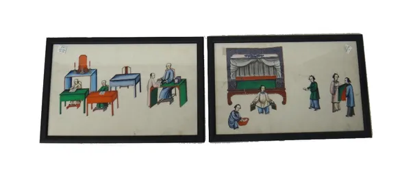 A group of thirteen Chinese rice paper paintings, 19th century, figure subjects, largest 20cm. by 32cm., framed and glazed.