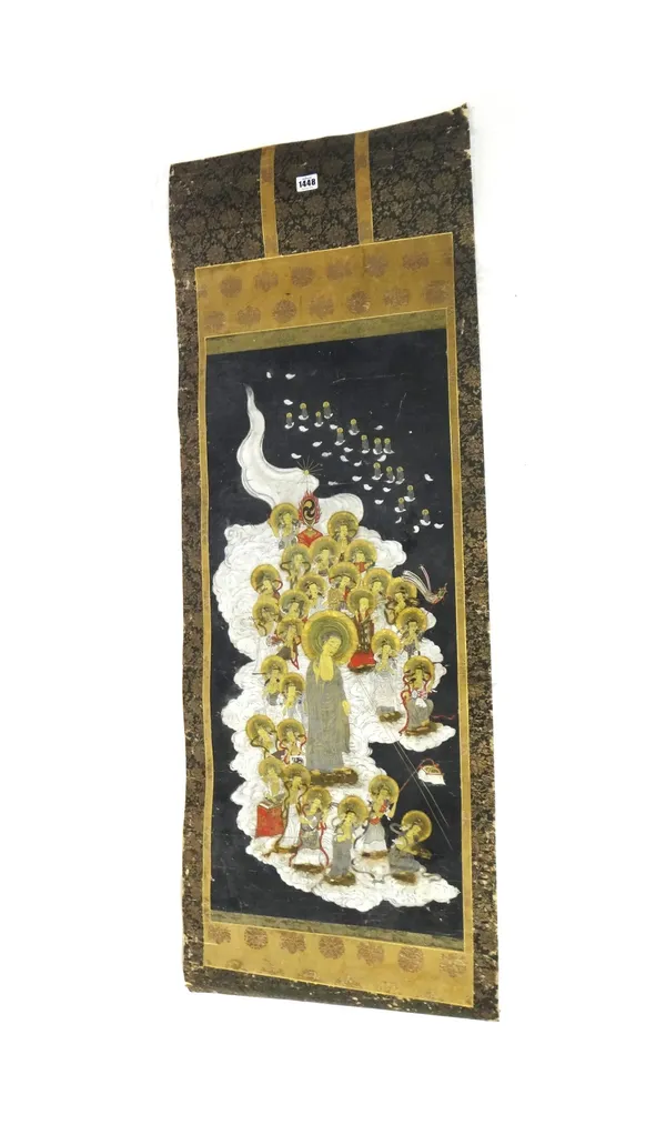 A Japanese scroll painting, Edo period, painted with the descent from heaven of Amida and twenty seven bodhisattvas, gouache and gold on paper laid on