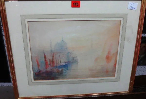 W.W. Deane (19th/20th century), Venice at sunset, gouache, signed and dated '92; together with a market scene by the same hand. (2)