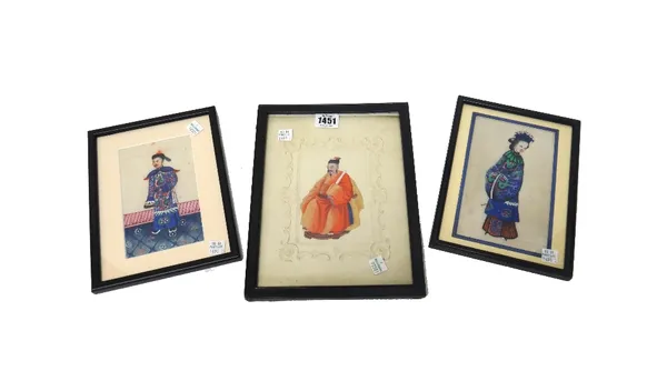 A group nine Chinese rice paper paintings of single figures, 19th century, largest 23.5cm. by 17 cm., framed and glazed; and two painted on leaves, (1