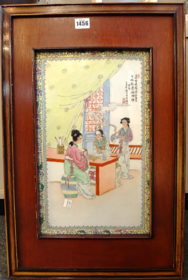 A set of four Chinese rectangular famille-rose panels, 20th century, each painted with a scene of women at leisure beneath calligraphy inside yellow b