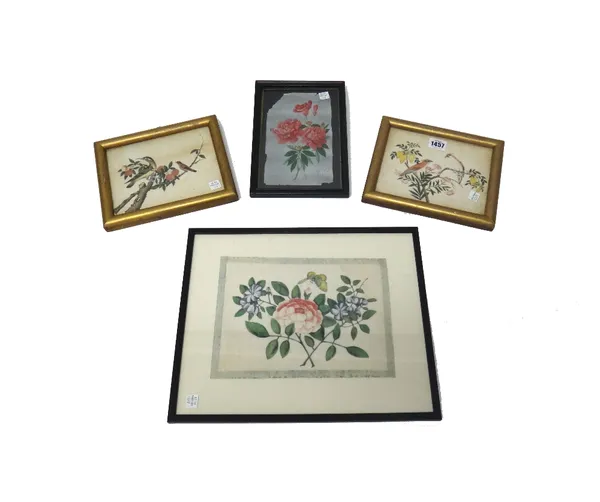 A pair of Chinese rice paper paintings of birds in branches, 14cm. by 18.5cm., framed and glazed; and two painted with flowers, largest 24cm. by 17cm.