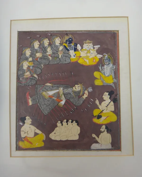 Four Indian paintings, 19th century, opaque pigments on paper, the first depicting an episode of the Ramayana on two registers with the monkey army fi