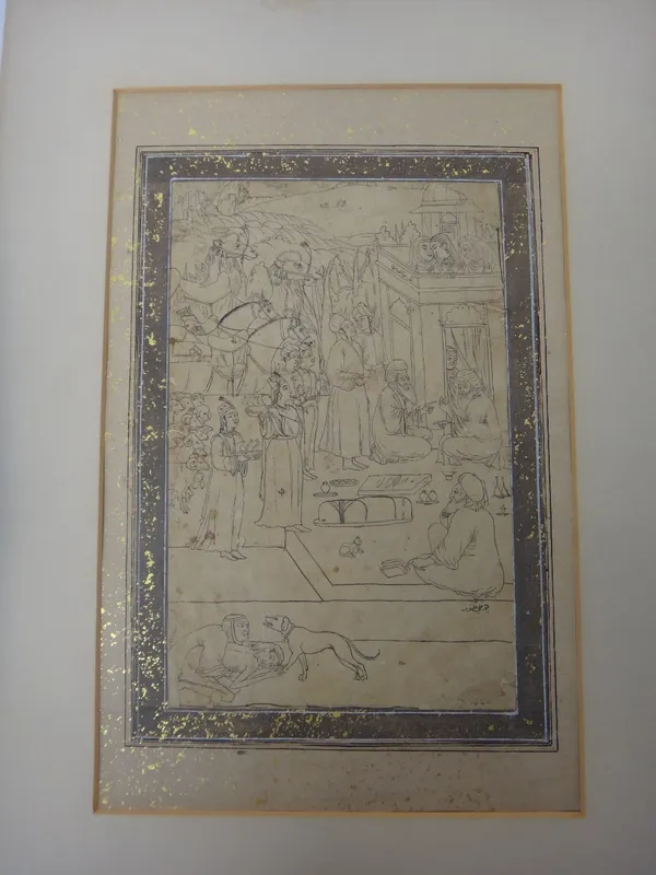 A scene from the story of Layla and Majnun, Mughal Delhi, India, early 19th century, black ink on paper, the emaciated figure of Majnun , Layla with h