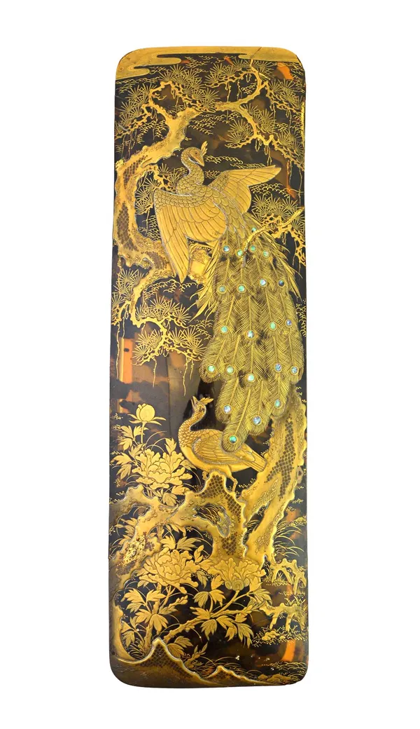 A large Japanese tortoiseshell and gold lacquer rectangular fubako ( document box), Meiji period, the cover decorated with two peacocks amongst a pine