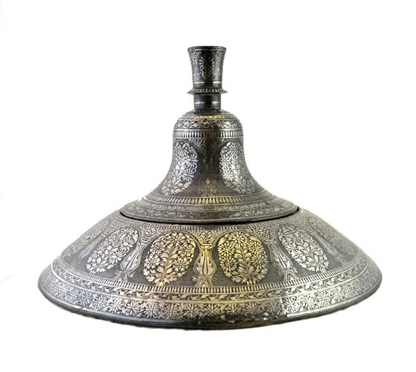 A Bidri silver inlaid huqqa base and stand, Deccan, India, 19th century, inlaid with repeated floral sprays beneath swaying branches between registers
