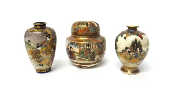 Three small items of Japanese Satsuma ware, Meiji/Taisho period, each painted with figurative scenes, comprising: a koro and cover, 10cm. high; a balu
