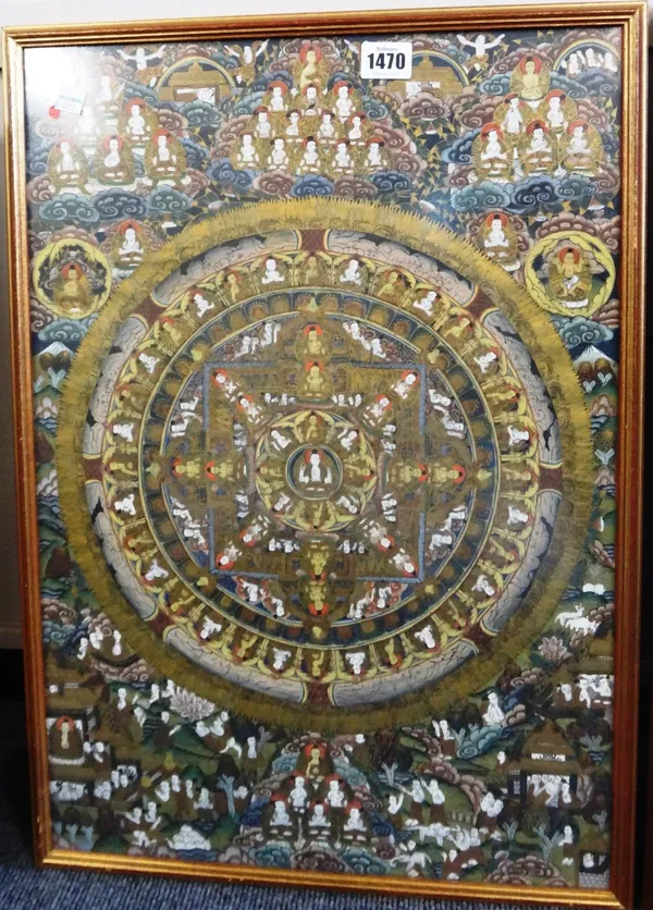 A Tibetan mandala thanka, painted in the centre with Buddha surrounded by further Buddhas and a border of animals inside a gilt mandala, 55cm. by 37.5