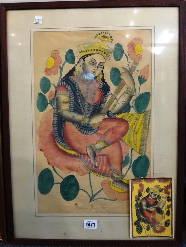 Indian school, late 19th/early 20th century: a Kalighat painting, portrait of the goddess Saraswati, watercolour over a print on paper, inscribed in p