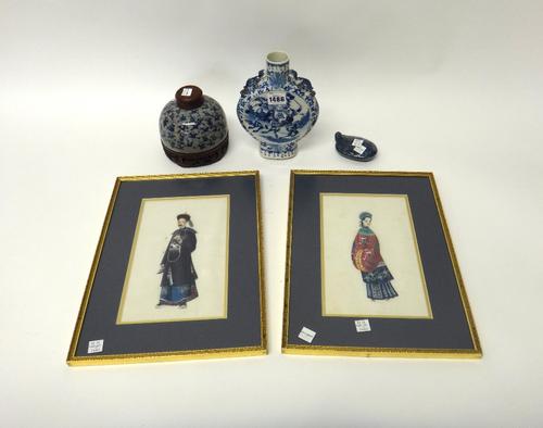 A group of Chinese works of art, late 19th/20th, comprising, a blue and white moonflask, each side painted with a battle scene, 21cm.high; a blue and