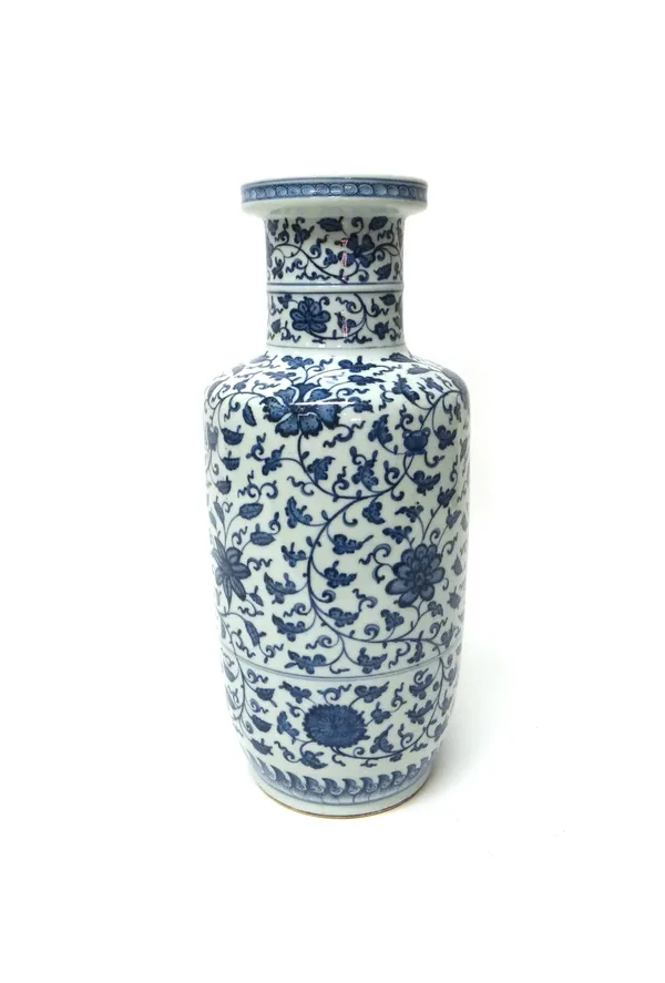 A Chinese blue and white vase, late 19th/20th century, painted in Ming style with lotus and chrysanthemum, apochryphal Yongzheng six character mark, 4