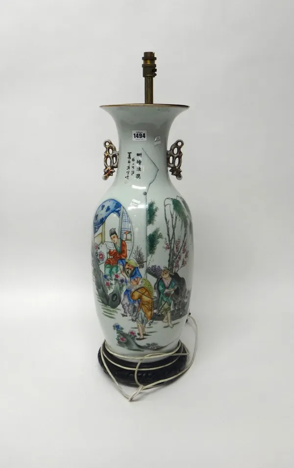 A large Chinese famille-rose two-handled baluster vase, 20th century, painted with four figures and a water buffalo, the reverse with calligraphy, 57c