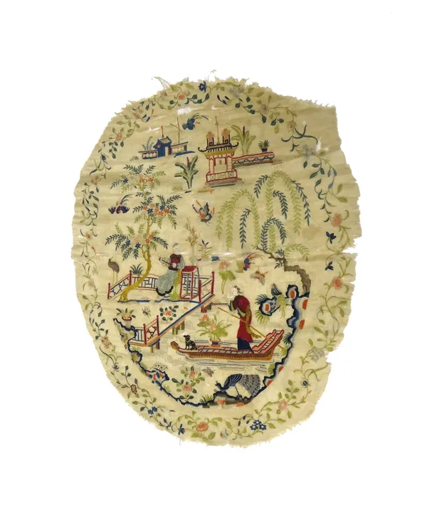 A Chinese silk embroidered panel, 19th century, of oval form, worked with a river landscape scene with a figure on a punt, another figure seated on a
