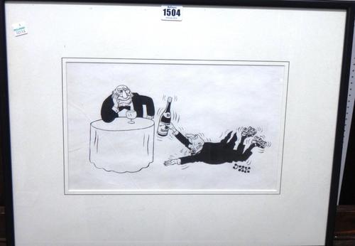 Raymond Allen Jackson 'Jak' (1927-1997), Table service, pen and ink cartoon, 20cm x 33cm.; together with two further cartoons by other hands.(3)