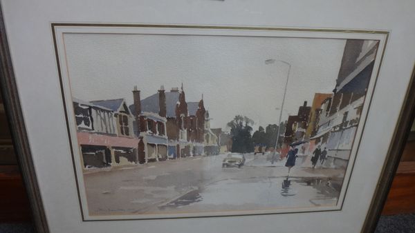 John Yardley (b.1933), Street scene in rain, watercolour, signed and dated 1979, 31cm x 45cm.; together with a copy of 'John Yardley: As I see it', bo