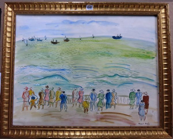 Manner of Raoul Dufy, Figures on a promenade overlooking the sea, watercolour, bears a signature, 52cm x 67cm.