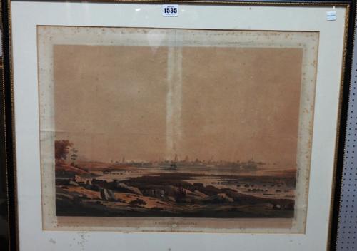 After R. H. Colebrooke, N. W. view of Seringapatam, aquatint by John William Edy, with hand colouring, 43cm x 56cm.