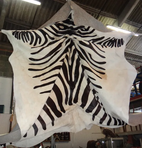 A cow hide rug with Zebra print decoration and a spring buck skin rug.