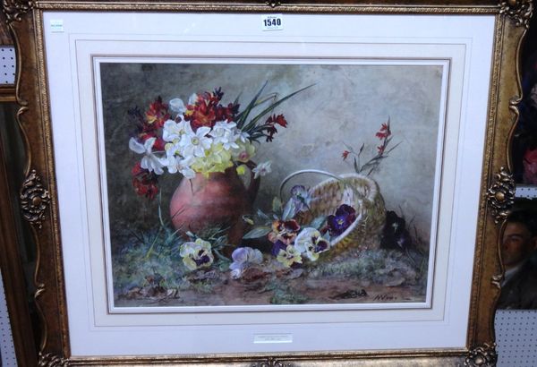 Mary McNichol Wroe (fl.1882-1930), Still life of narcissi, violas and wallflowers, watercolour and gouache, signed, 40cm x 52cm.