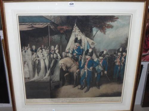 After F. Countz, The Presentation of Colours in the Kensington Volunteers, mezzotint with hand colouring, 58cm x 65cm.; together with a further copy o