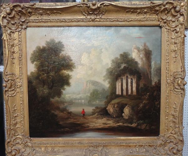 English School (19th century), A traveller near a ruined church in a lake landscape, oil on canvas, 49cm x 59cm.