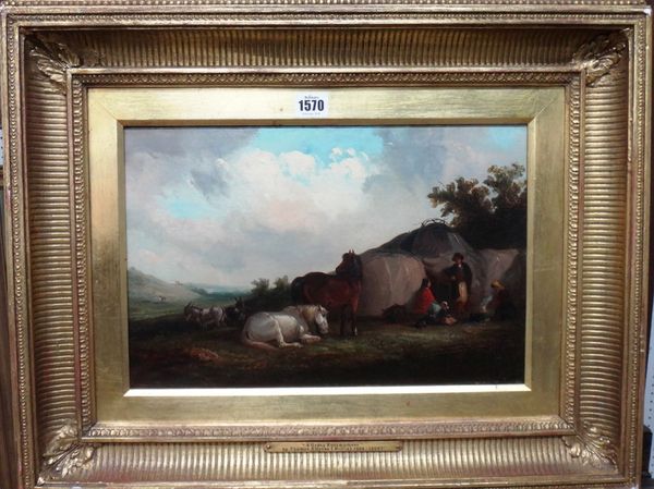 Thomas Smythe (1825-1907), A gypsy encampment, oil on canvas laid on board, 25cm x 38cm.