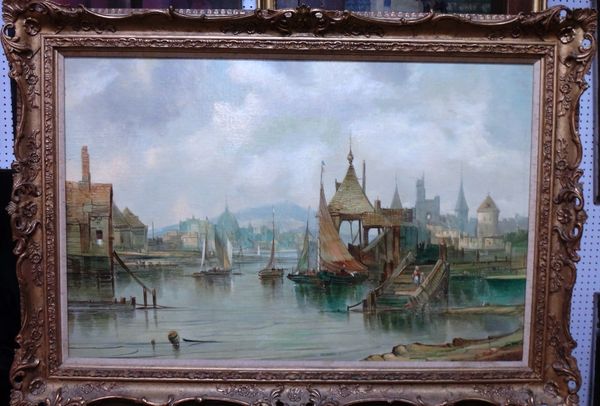 Alfred H. Vickers (1853-1907), Riverside town, oil on canvas, signed, 47cm x 73cm.