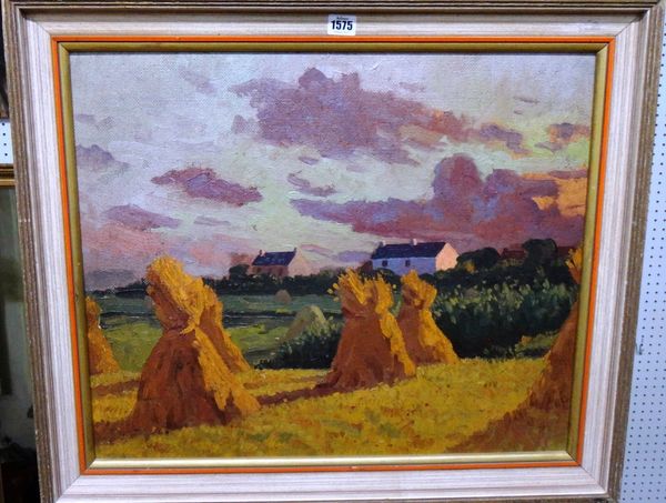 English school, 20th century, Harvest landscape at sunset, oil on board, with a still life of white hydrangeas verso, 50cm x 60cm