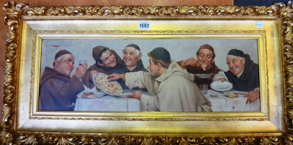 E. Torrini (early 20th century), Mealtime in the refectory, oil on canvas, signed 19cm x 59cm.