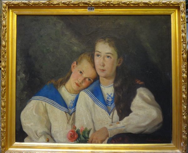 Polish School (Late 19th century), Portrait of two sisters wearing sailor suits, oil on canvas, indistinctly signed Guranowski or Cabanowski and dated