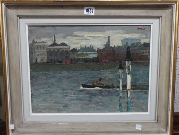 Charles McCall (1907-1989), The Thames, Millbank, oil on canvas, signed abd dated '62, 29cm x 39.5cm. DDS