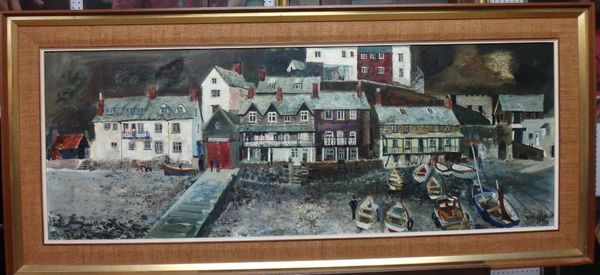 Jeremy King (b.1933), Clovelly, oil on canvasboard, signed; inscribed on reverse, 44cm x 120cm. DDS