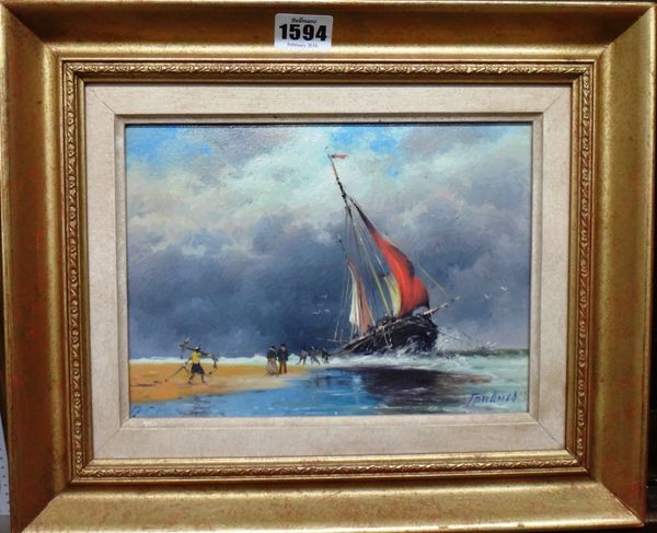 Russian School (20th century), Beach scene with boat and figures, oil on board, indistinctly signed, 18cm x 24cm.