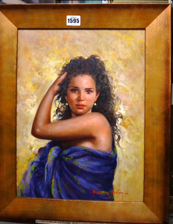 Giovaud Falieco (20th century), Girl in a purple sarong, oil on canvas, signed, 39cm x 29cm.