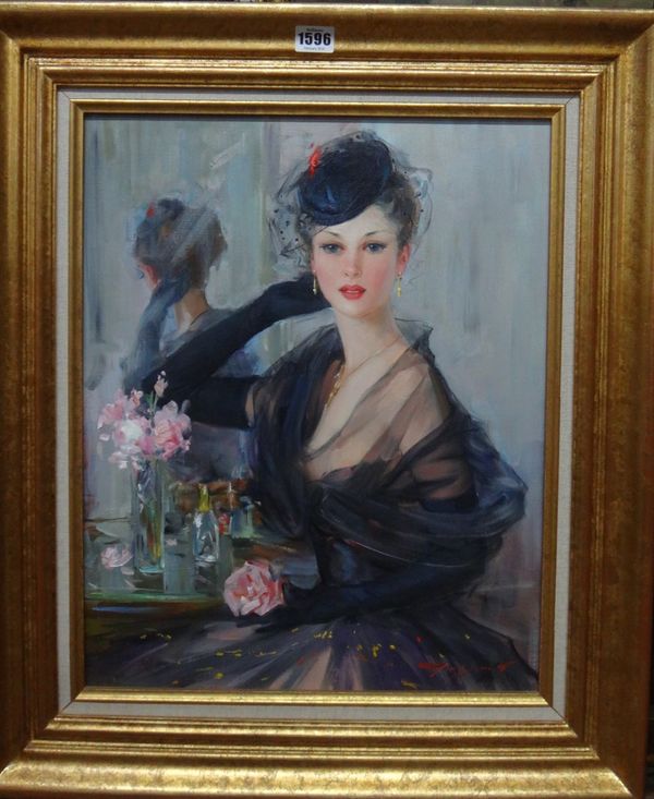 Russian School (20th century), An elegant lady seated at her dressing table, oil on canvas, indistinctly signed, indistinctly inscribed on reverse, 49