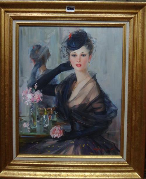 Russian School (20th century), An elegant lady seated at her dressing table, oil on canvas, indistinctly signed, indistinctly inscribed on reverse, 49