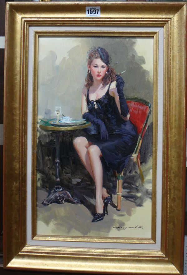 Russian School (20th century), An elegant lady seated at a cafe table, smoking, oil on canvas, indistinctly signed, indistinctly inscribed on reverse,