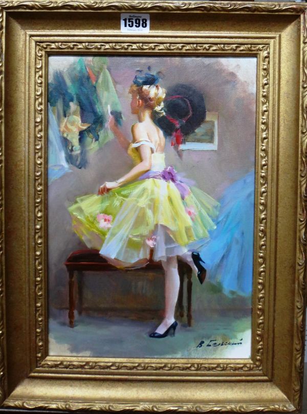 Russian School (20th century), The Yellow dress, oil on canvas, indistinctly signed, indistinctly inscribed on reverse, 34cm x 23cm.