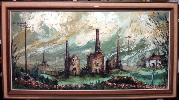 Ben Maile (b.1922), Factories in a landscape, oil on board, signed, 59.5cm x 120.5cm.  DDS